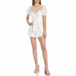 Cheapest ⌛ City Vibe Puff Short-Sleeve Illusion Dot Yoke Cut-Out-Back Tiered Ruffle Romper Ivory ❤️