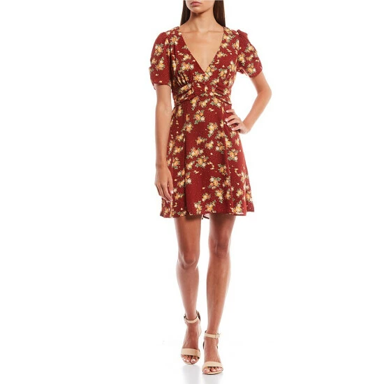 Buy π₯° City Vibe Puffed Sleeve Floral Print Ruched Waist Fit-And-Flare π Dress Rust/gold β¨