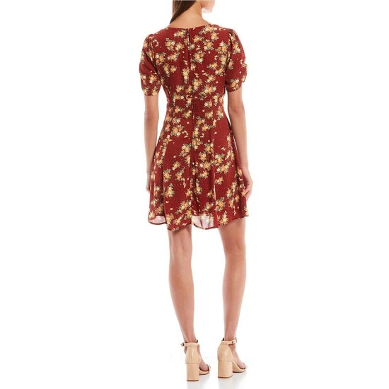 Buy π₯° City Vibe Puffed Sleeve Floral Print Ruched Waist Fit-And-Flare π Dress Rust/gold β¨ - Image 2
