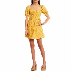 Best Sale ✔️ City Vibe Puff Sleeve Sweetheart Neck Ruched Floral 👗 Dress Yellow/pink 😉