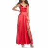 Buy 💯 City Vibe Spaghetti Strap V-Neck X-Back Power Satin Slit Hem Long 👗 Dress Bright Red ✔️