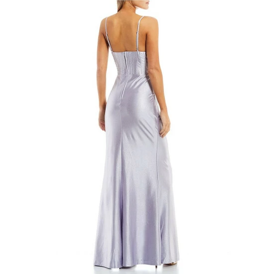 New π City Vibe Sleeveless Spaghetti Strap V-Neck Corset Glitter Shine Knit Slit Hem Long π Dress Pale Grey β¨ - Image 2