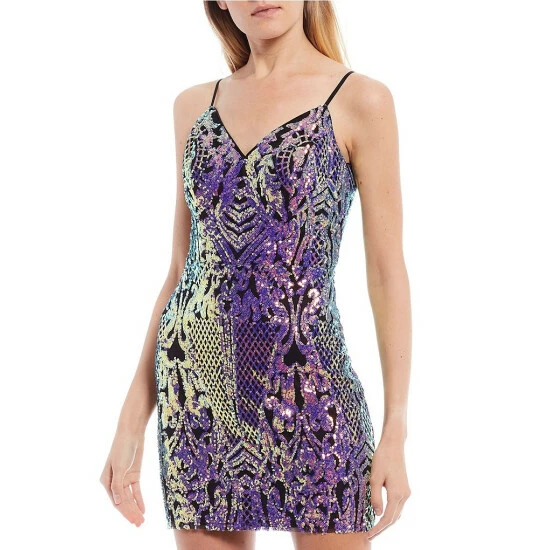 Flash Sale π City Vibe Spaghetti Strap V-Neck Patterned Iridescent Sequin Sheath π Dress Black/pink/blue 𧨠- Image 4