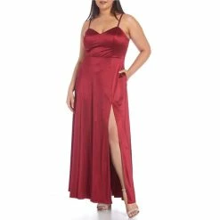 Best deal 🛒 City Vibe Plus Spaghetti Strap V-Neck Empire Waist Power Satin Slit Hem Long 👗 Dress Cardinal ✨