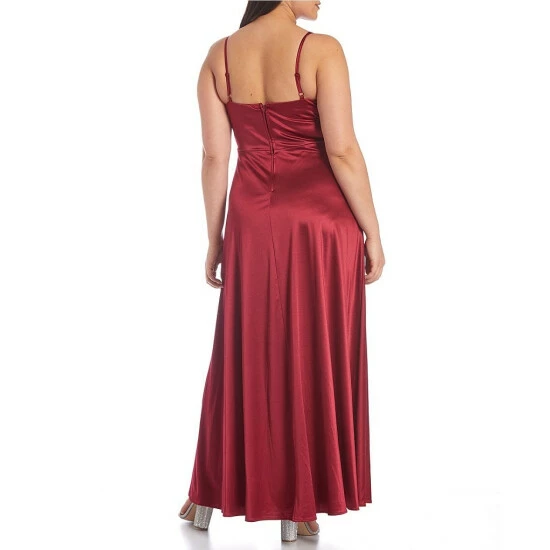 Best deal π City Vibe Plus Spaghetti Strap V-Neck Empire Waist Power Satin Slit Hem Long π Dress Cardinal β¨ - Image 2