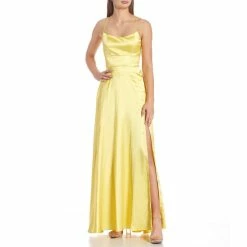 Best Sale 🎉 City Vibe Spaghetti-Strap Square-Neck Lace-Back Satin Charmeuse Slit Hem Long 👗 Dress Yellow 🎁