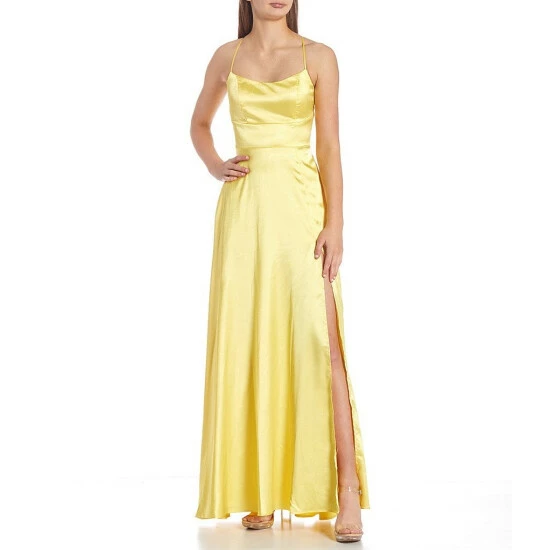 Best Sale ๐ City Vibe Spaghetti-Strap Square-Neck Lace-Back Satin Charmeuse Slit Hem Long ๐ Dress Yellow ๐ 1 Best Sale ๐ City Vibe Spaghetti-Strap Square-Neck Lace-Back Satin Charmeuse Slit Hem Long ๐ Dress Yellow ๐