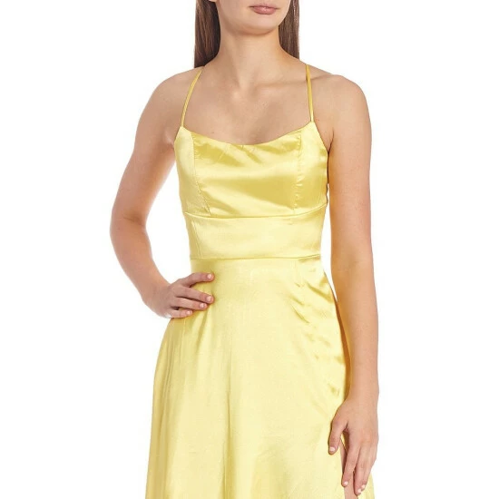 Best Sale ๐ City Vibe Spaghetti-Strap Square-Neck Lace-Back Satin Charmeuse Slit Hem Long ๐ Dress Yellow ๐ 3 Best Sale ๐ City Vibe Spaghetti-Strap Square-Neck Lace-Back Satin Charmeuse Slit Hem Long ๐ Dress Yellow ๐ - Image 3