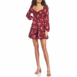 Best Pirce 💯 City Vibe Long Sleeve Emma Tie Sweetheart Neck Tiered Floral Print 👗 Dress Wine/pink 🤩