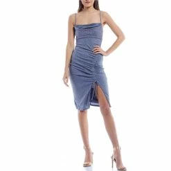 Best reviews of 👏 City Vibe Spaghetti-Strap Cowl-Neck Ruched Side Glitter Knit Slim 👗 Dress Steel Grey 🔥