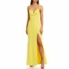 Outlet ✔️ City Vibe Spaghetti Strap V-Neck Strappy Back High Slit Long Glitter Crepe 👗 Dress Yellow 😍