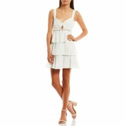 Budget 🤩 City Vibe Sleeveless Sweetheart Neck Tie Front Tiered Clip Dot 👗 Dress Ivory 🔔