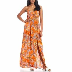 Deals 💯 City Vibe Sleeveless Twist Front Slit Hem Paisley Printed Maxi 👗 Dress Orange/mint 🌟