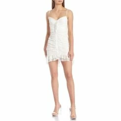 Cheap 🧨 City Vibe Spaghetti-Strap V-Neck Ruched Front Lace Tiered Hem Slim 👗 Dress Ivory 👏