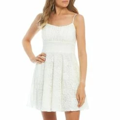Cheapest ✔️ City Vibe Spaghetti Strap Lace Empire Waist Fit-and-Flare 👗 Dress White ✔️