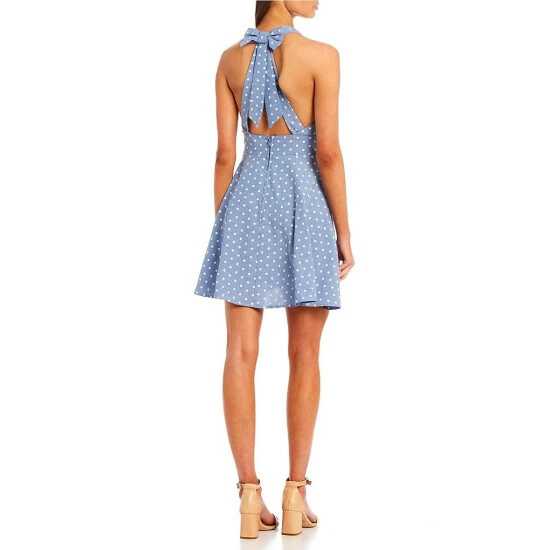 Best deal π City Vibe Sleeveless Halter V-Neck Bow Tie-Back Dot Printed Fit-And-Flare π Dress Blue/white π - Image 2