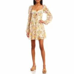 Cheap 😀 City Vibe Tier Long Sleeve Sweetheart Neck Sheer Floral Tiered 👗 Dress Ivory/yellow 👍