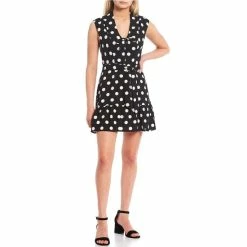 Wholesale 👏 City Vibe Cap Sleeve Large Dot Linen-Blend Fit-And-Flare 👗 Dress Black/white ⌛