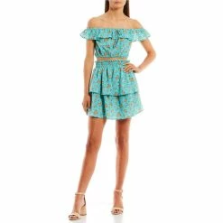 Wholesale 🧨 City Vibe Off-The-Shoulder Ruffle Crop Top & Floral Tier Flounce 👗 Skirt 2-Piece 👗 Dress Set Turquoise/yellow ✔️