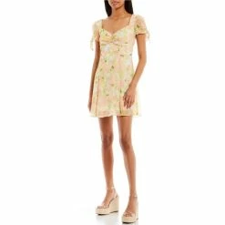 Best deal 🔔 City Vibe Puff-Sleeve Floral Print Empire-Waist 👗 Dress Peach/aqua 🥰