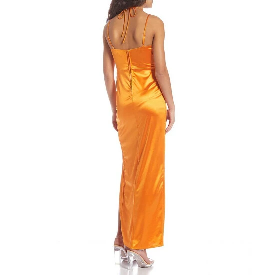 Deals π City Vibe Spaghetti Strap Cinched Y-Neck Cutout Detail Slim Slit Hem Long π Dress Orange π - Image 3
