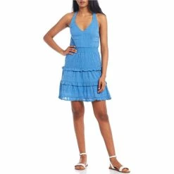 Best reviews of 💯 City Vibe Sleeveless Halter Neck Smocked-Waist Fit-And-Flare 👗 Dress Blue ❤️