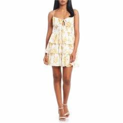 Coupon 🥰 City Vibe Sleeveless Floral-Printed Keyhole Tie-Accented Tiered Ruffle 👗 Dress White/mustard 🔔