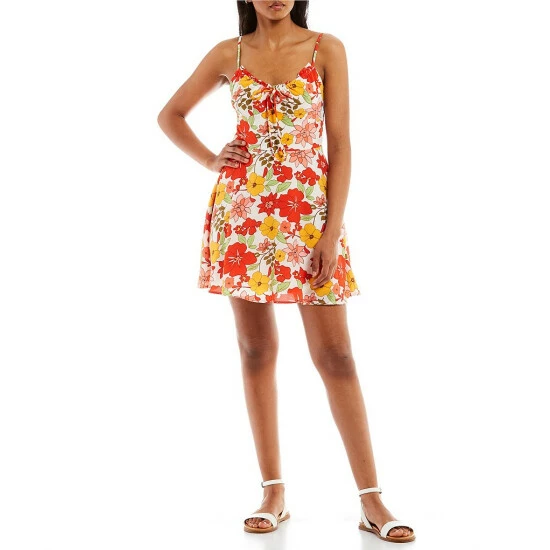 Best Sale π City Vibe Spaghetti Strap Tie Front Floral Skater π Dress Ivory/red β