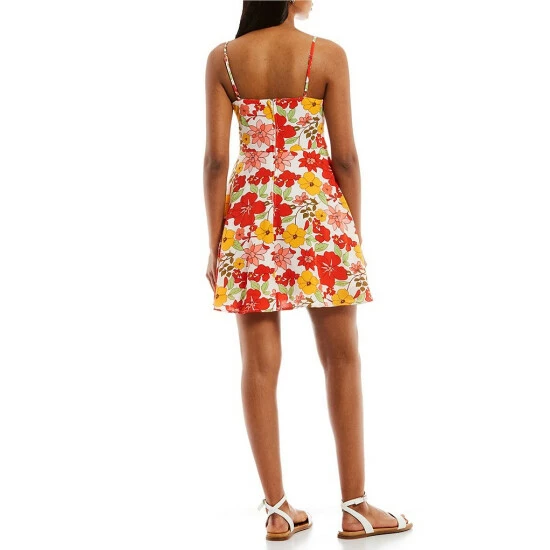 Best Sale π City Vibe Spaghetti Strap Tie Front Floral Skater π Dress Ivory/red β - Image 2