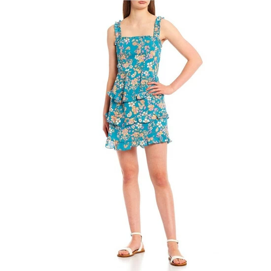 Wholesale π City Vibe Floral Tiered Ruffle Tie Back π Dress Turquoise/peach π―