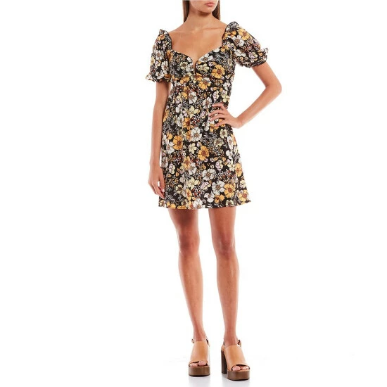 New β¨ City Vibe Puffed Sleeve Floral Printed Fit-And-Flare π Dress Black/yellow/pink π