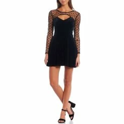 Wholesale 🔥 City Vibe Flocked Dot Mesh Cut Out Long Sleeve Velvet Fit And Flare 👗 Dress Black 👏
