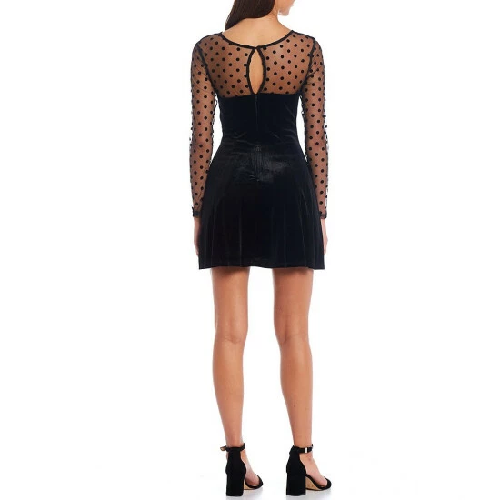 Wholesale π₯ City Vibe Flocked Dot Mesh Cut Out Long Sleeve Velvet Fit And Flare π Dress Black π - Image 2