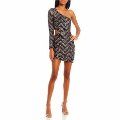 Flash Sale β¨ City Vibe One-Shoulder Long Sleeve Waist Cutout Asymmetrical Hem Pattern Sequin π Dress Black Combo Multi π₯°